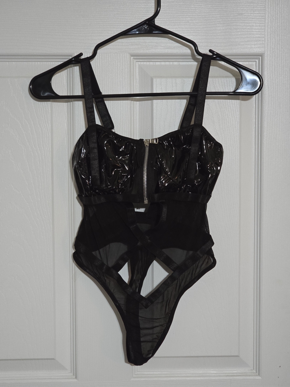 Black Zip-Front Sheer & Patent-Look Bodysuit